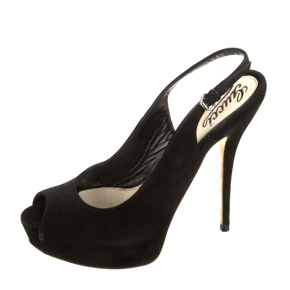 Gucci 8 Rhinestone $1120 Bow Slingback Platform Heels Suede Peeptoe Pumps 38 - Picture 6 of 14